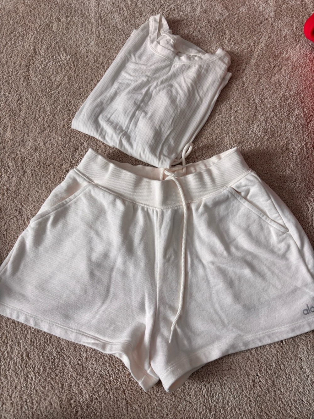 ALO Yoga Cream Ribbed shirt and Matching Cream Shorts Set